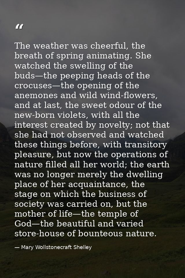 The weather was cheerful, the breath of spring animating. She watched the swelling of the buds—the peeping heads of the  — Mary Wollstonecraft Shelley