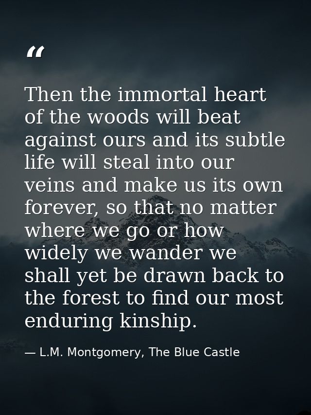 Then the immortal heart of the woods will beat against ours and its subtle life will steal into our veins and make us it — L.M. Montgomery, The Blue Castle
