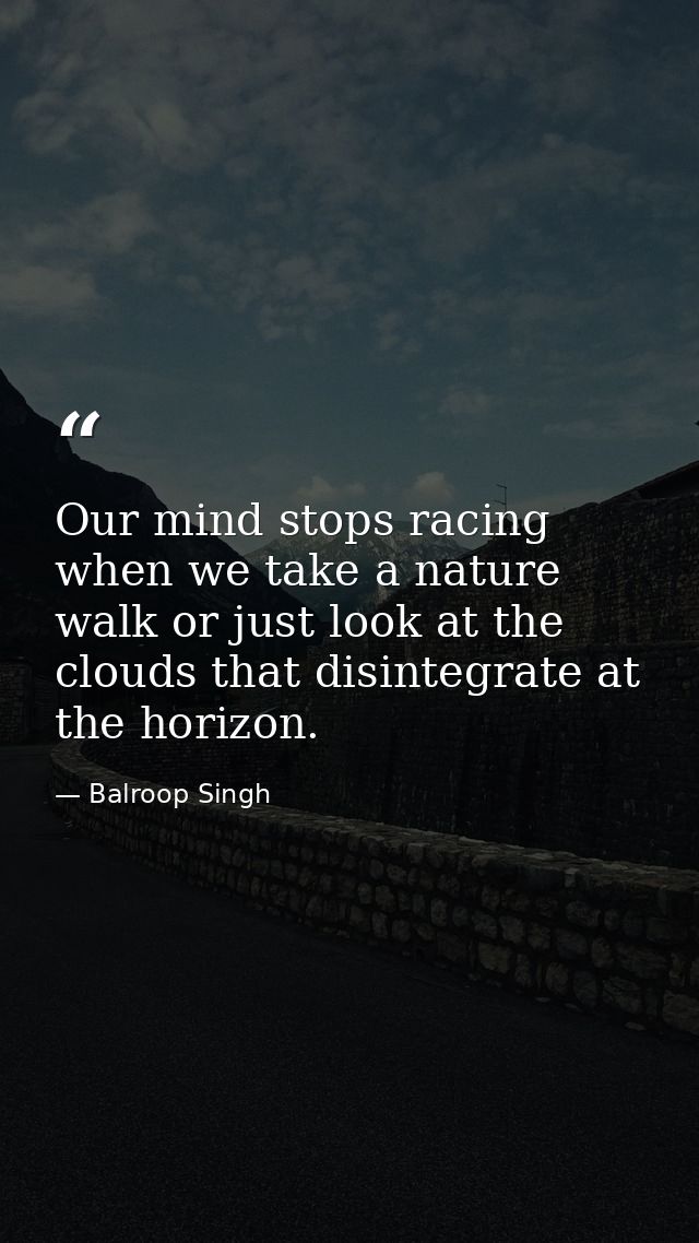 Our mind stops racing when we take a nature walk or just look at the clouds that disintegrate at the horizon. — Balroop Singh