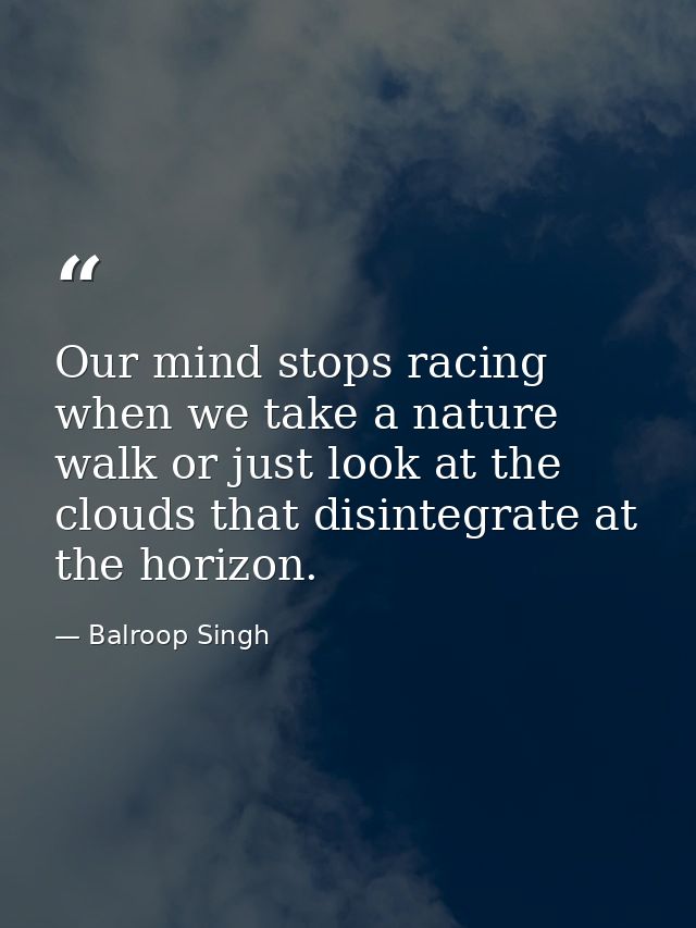 Our mind stops racing when we take a nature walk or just look at the clouds that disintegrate at the horizon. — Balroop Singh