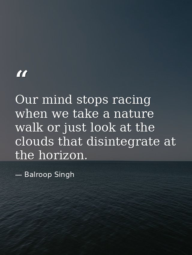 Our mind stops racing when we take a nature walk or just look at the clouds that disintegrate at the horizon. — Balroop Singh