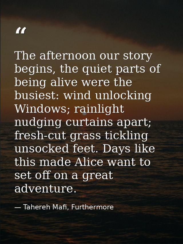 The afternoon our story begins, the quiet parts of being alive were the busiest: wind unlocking Windows; rainlight nudgi — Tahereh Mafi, Furthermore