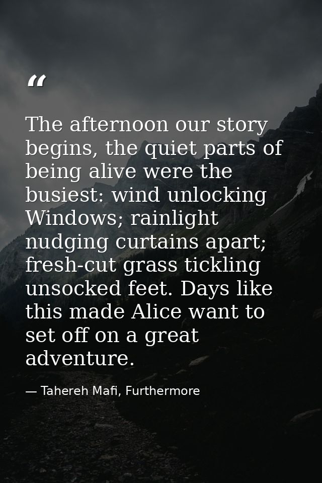 The afternoon our story begins, the quiet parts of being alive were the busiest: wind unlocking Windows; rainlight nudgi — Tahereh Mafi, Furthermore