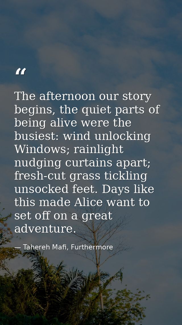 The afternoon our story begins, the quiet parts of being alive were the busiest: wind unlocking Windows; rainlight nudgi — Tahereh Mafi, Furthermore