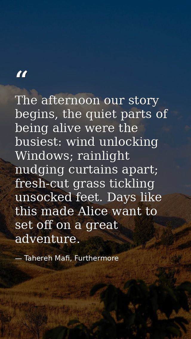 The afternoon our story begins, the quiet parts of being alive were the busiest: wind unlocking Windows; rainlight nudgi — Tahereh Mafi, Furthermore
