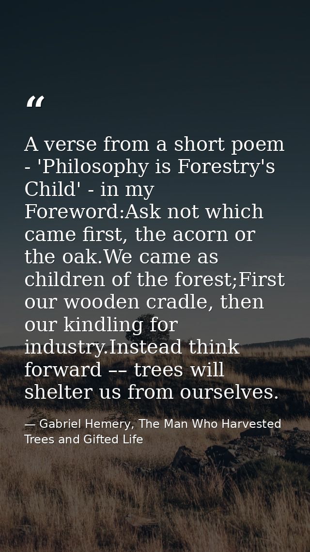 A verse from a short poem - 'Philosophy is Forestry's Child' - in my Foreword:Ask not which came first, the acorn or the — Gabriel Hemery, The Man Who Harvested Trees and Gifted Life