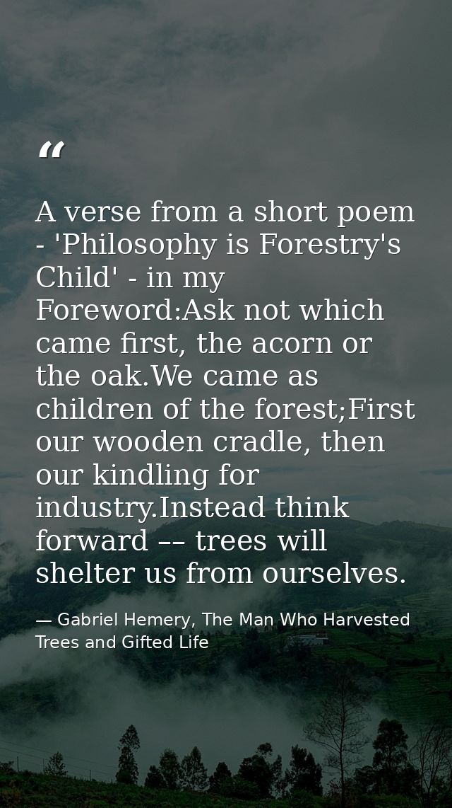 A verse from a short poem - 'Philosophy is Forestry's Child' - in my Foreword:Ask not which came first, the acorn or the — Gabriel Hemery, The Man Who Harvested Trees and Gifted Life