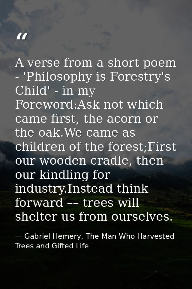 A verse from a short poem - 'Philosophy is Forestry's Child' - in my Foreword:Ask not which came first, the acorn or the — Gabriel Hemery, The Man Who Harvested Trees and Gifted Life