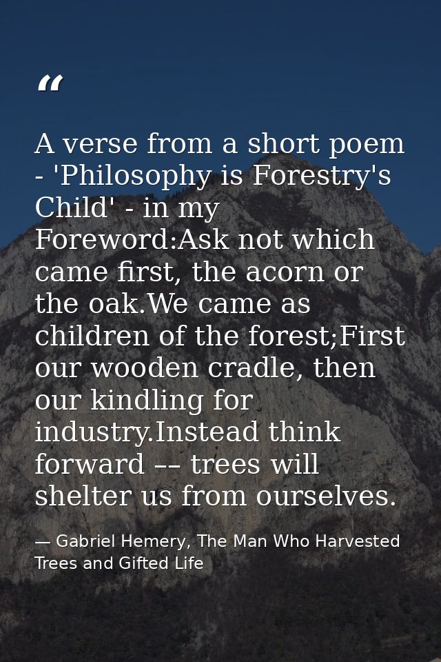 A verse from a short poem - 'Philosophy is Forestry's Child' - in my Foreword:Ask not which came first, the acorn or the — Gabriel Hemery, The Man Who Harvested Trees and Gifted Life
