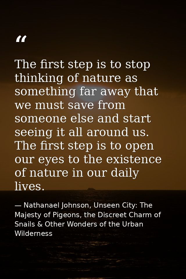 The first step is to stop thinking of nature as something far away that we must save from someone else and start seeing  — Nathanael Johnson, Unseen City: The Majesty of Pigeons, the Discreet Charm of Snails & Other Wonders of the Urban Wilderness