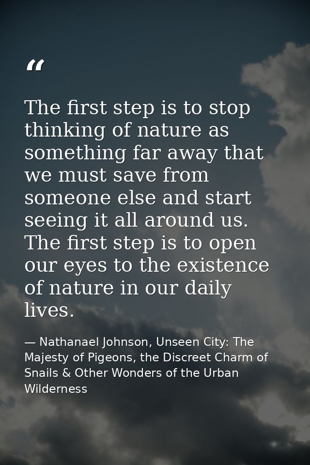 The first step is to stop thinking of nature as something far away that we must save from someone else and start seeing  — Nathanael Johnson, Unseen City: The Majesty of Pigeons, the Discreet Charm of Snails & Other Wonders of the Urban Wilderness