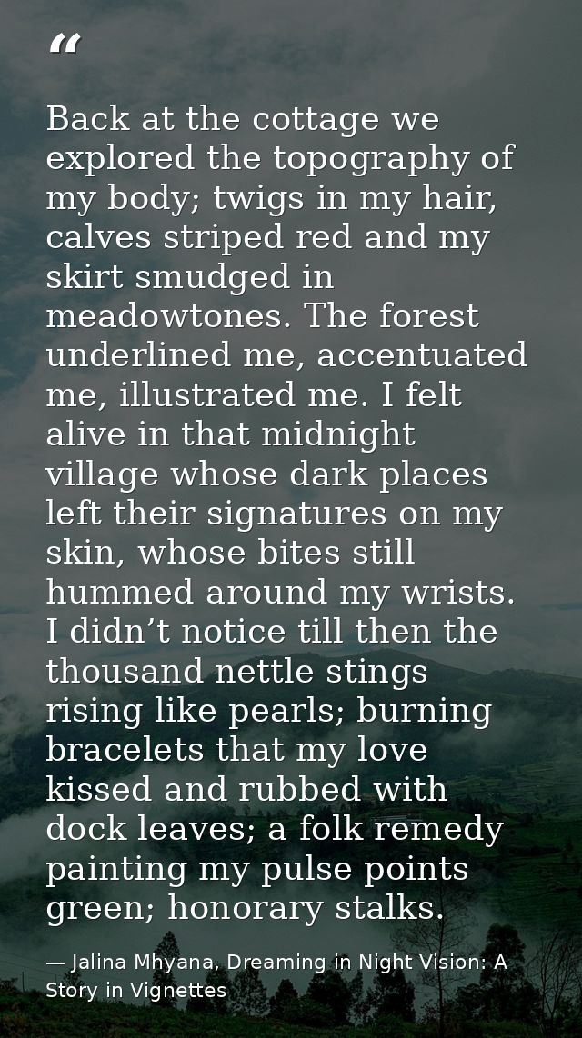Back at the cottage we explored the topography of my body; twigs in my hair, calves striped red and my skirt smudged in  — Jalina Mhyana, Dreaming in Night Vision: A Story in Vignettes