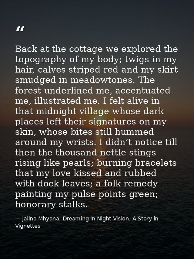 Back at the cottage we explored the topography of my body; twigs in my hair, calves striped red and my skirt smudged in  — Jalina Mhyana, Dreaming in Night Vision: A Story in Vignettes