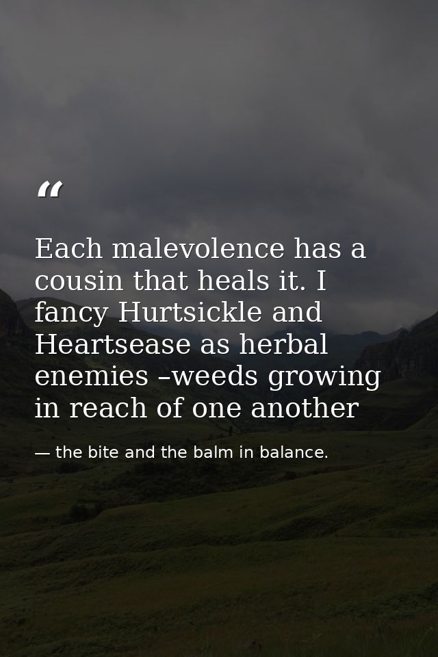 Each malevolence has a cousin that heals it. I fancy Hurtsickle and Heartsease as herbal enemies –weeds growing in reach — the bite and the balm in balance.