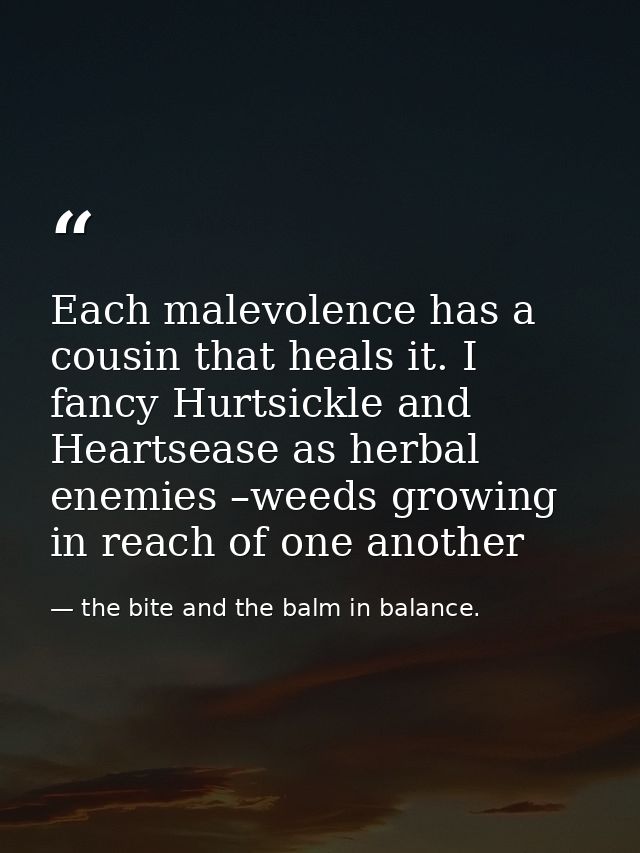 Each malevolence has a cousin that heals it. I fancy Hurtsickle and Heartsease as herbal enemies –weeds growing in reach — the bite and the balm in balance.