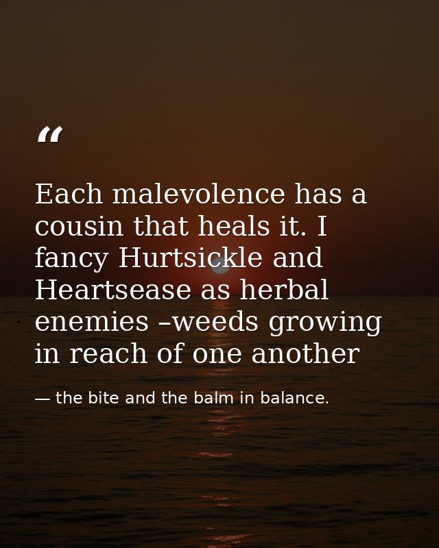 Each malevolence has a cousin that heals it. I fancy Hurtsickle and Heartsease as herbal enemies –weeds growing in reach — the bite and the balm in balance.