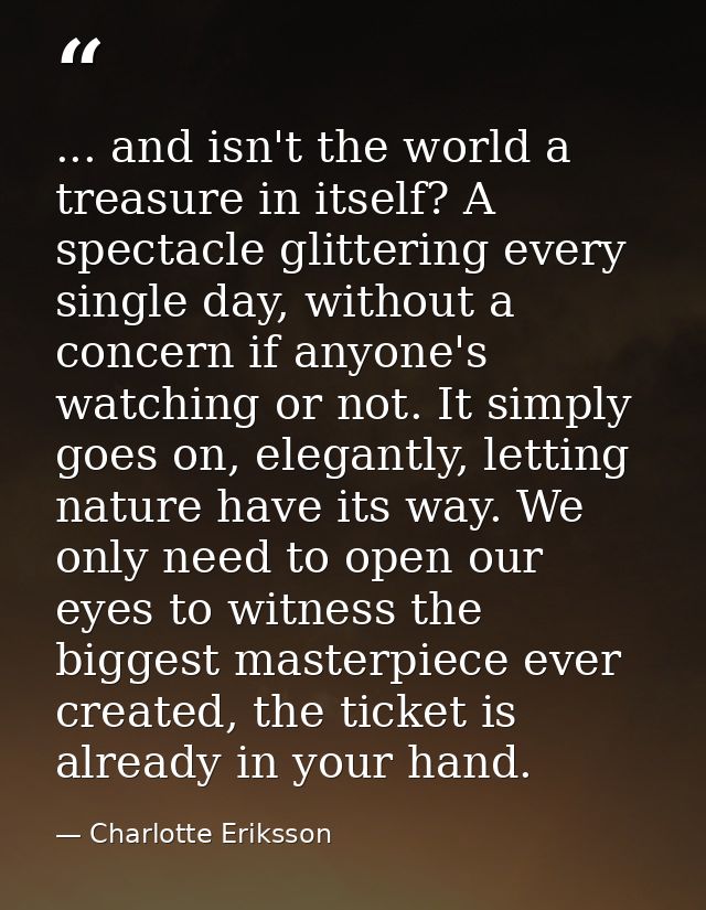 ... and isn't the world a treasure in itself? A spectacle glittering every single day, without a concern if anyone's wat — Charlotte Eriksson