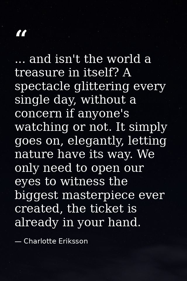 ... and isn't the world a treasure in itself? A spectacle glittering every single day, without a concern if anyone's wat — Charlotte Eriksson