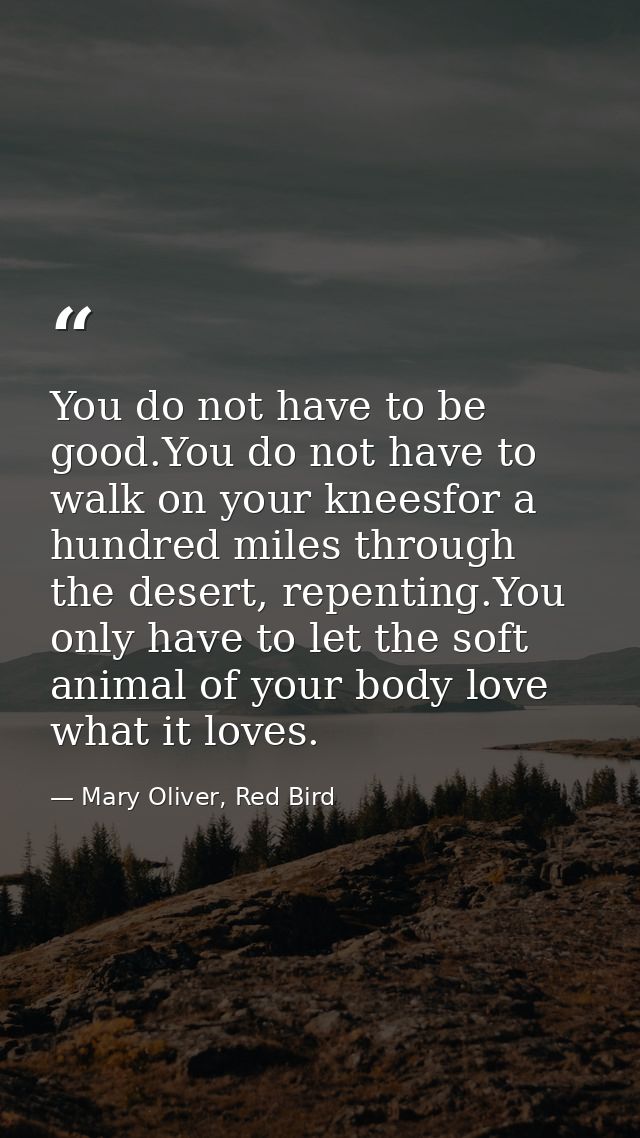 You do not have to be good.You do not have to walk on your kneesfor a hundred miles through the desert, repenting.You on — Mary Oliver, Red Bird