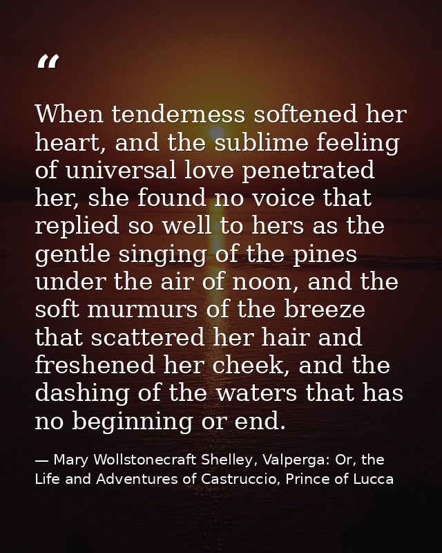 When tenderness softened her heart, and the sublime feeling of universal love penetrated her, she found no voice that re — Mary Wollstonecraft Shelley, Valperga: Or, the Life and Adventures of Castruccio, Prince of Lucca