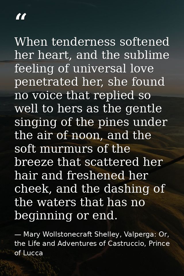 When tenderness softened her heart, and the sublime feeling of universal love penetrated her, she found no voice that re — Mary Wollstonecraft Shelley, Valperga: Or, the Life and Adventures of Castruccio, Prince of Lucca