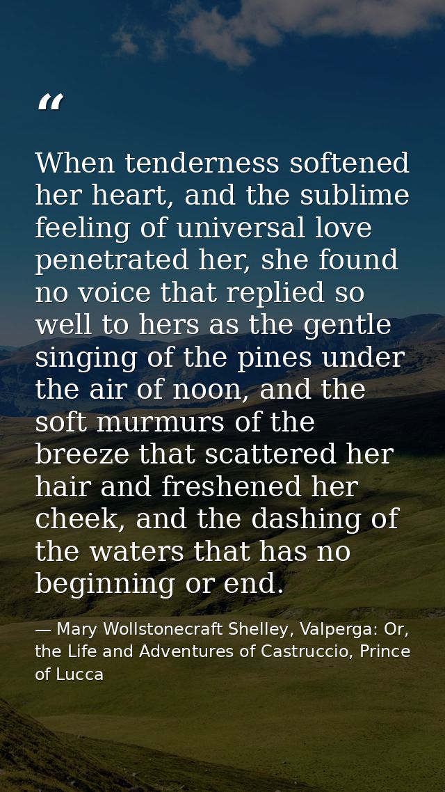 When tenderness softened her heart, and the sublime feeling of universal love penetrated her, she found no voice that re — Mary Wollstonecraft Shelley, Valperga: Or, the Life and Adventures of Castruccio, Prince of Lucca