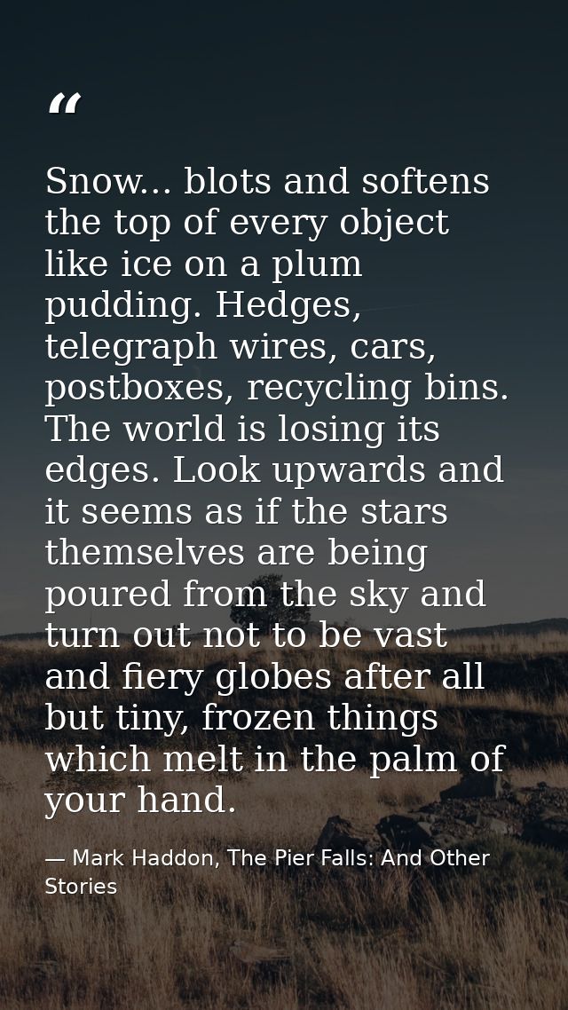 Snow... blots and softens the top of every object like ice on a plum pudding. Hedges, telegraph wires, cars, postboxes,  — Mark Haddon, The Pier Falls: And Other Stories
