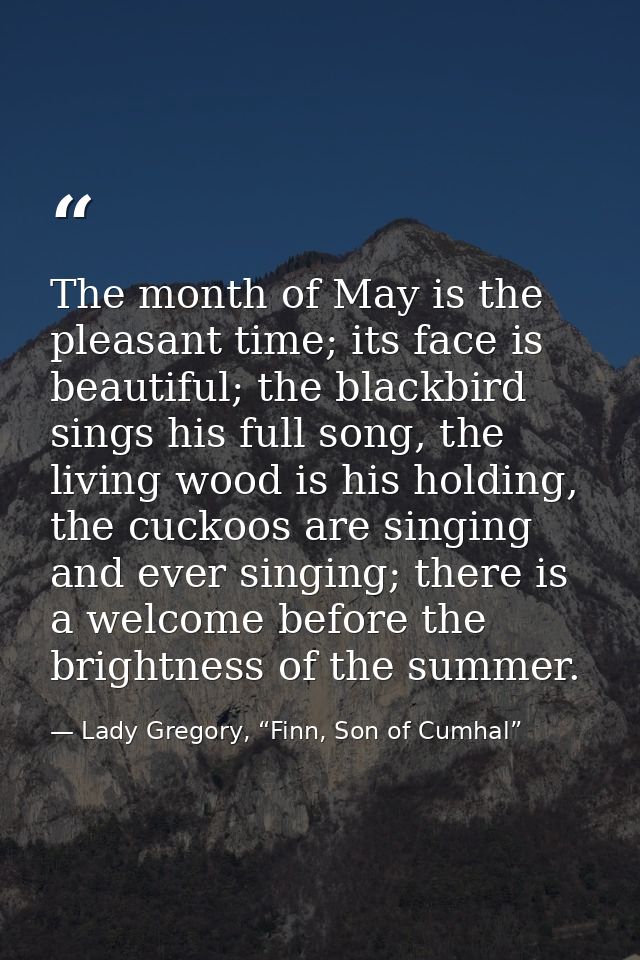 The month of May is the pleasant time; its face is beautiful; the blackbird sings his full song, the living wood is his  — Lady Gregory, “Finn, Son of Cumhal”