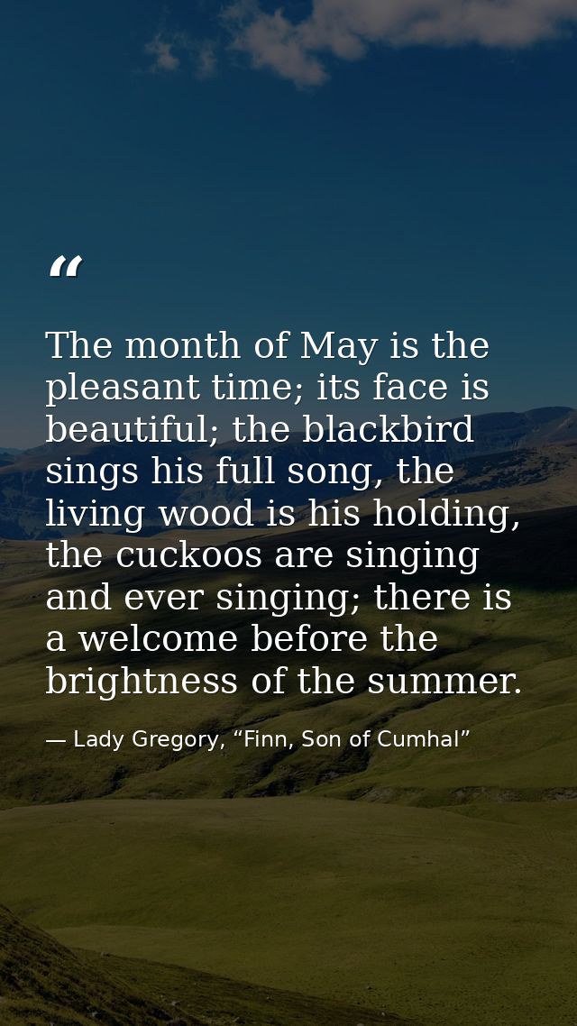 The month of May is the pleasant time; its face is beautiful; the blackbird sings his full song, the living wood is his  — Lady Gregory, “Finn, Son of Cumhal”