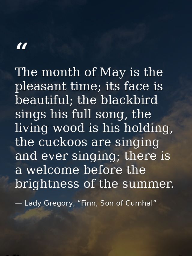 The month of May is the pleasant time; its face is beautiful; the blackbird sings his full song, the living wood is his  — Lady Gregory, “Finn, Son of Cumhal”
