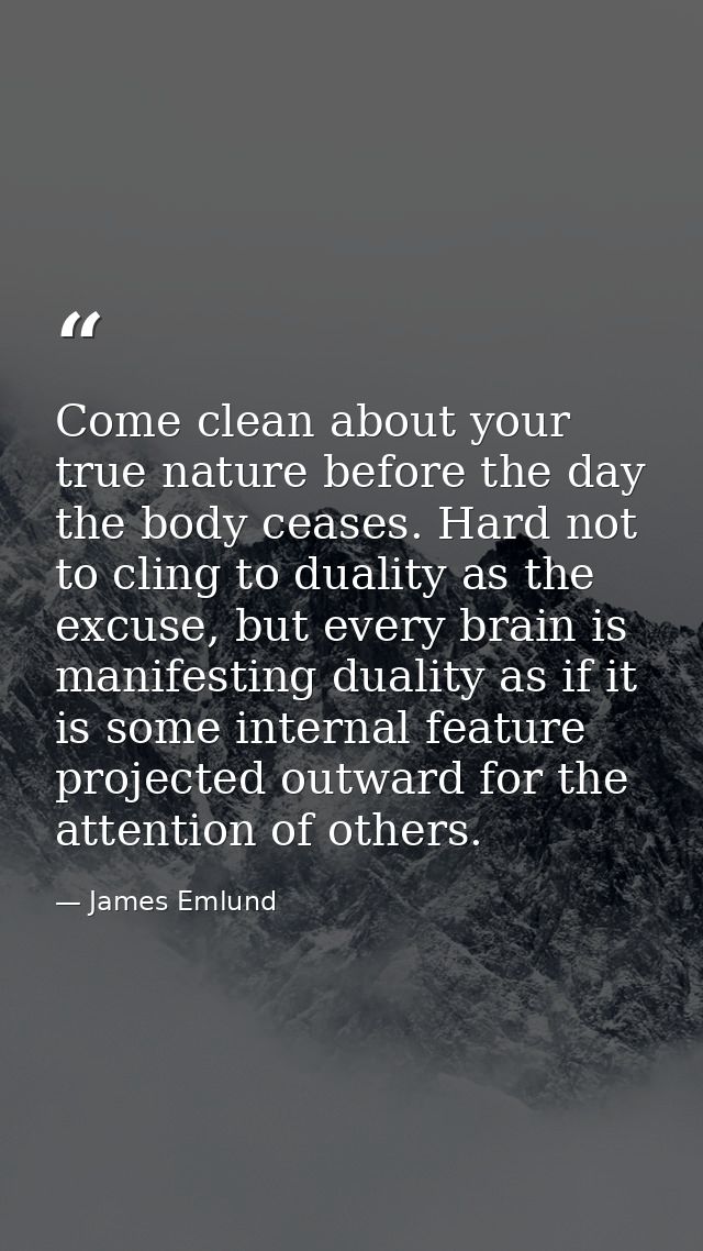 Come clean about your true nature before the day the body ceases. Hard not to cling to duality as the excuse, but every  — James Emlund