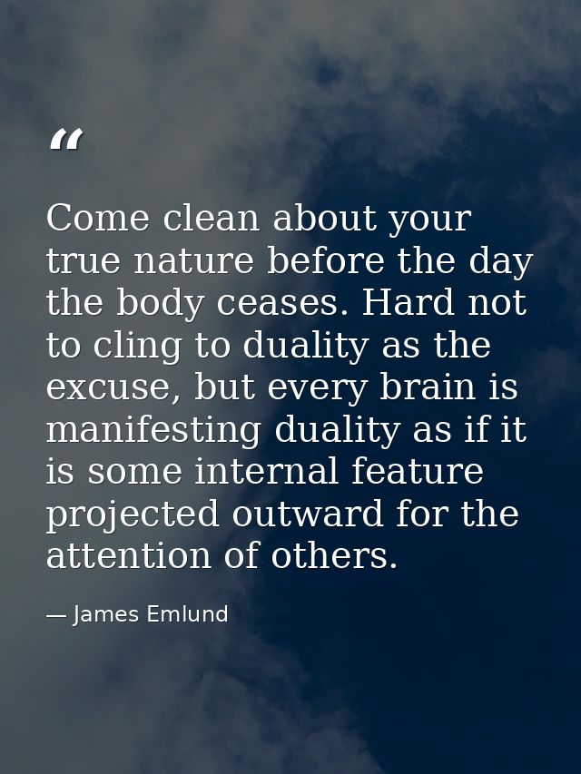 Come clean about your true nature before the day the body ceases. Hard not to cling to duality as the excuse, but every  — James Emlund