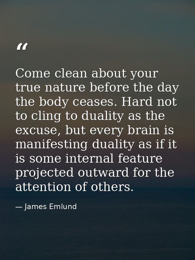 Come clean about your true nature before the day the body ceases. Hard not to cling to duality as the excuse, but every  — James Emlund
