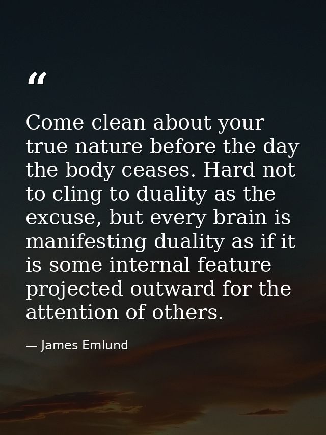 Come clean about your true nature before the day the body ceases. Hard not to cling to duality as the excuse, but every  — James Emlund