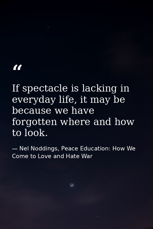 If spectacle is lacking in everyday life, it may be because we have forgotten where and how to look. — Nel Noddings, Peace Education: How We Come to Love and Hate War