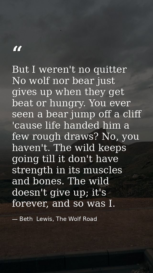 But I weren't no quitter No wolf nor bear just gives up when they get beat or hungry. You ever seen a bear jump off a cl — Beth  Lewis, The Wolf Road
