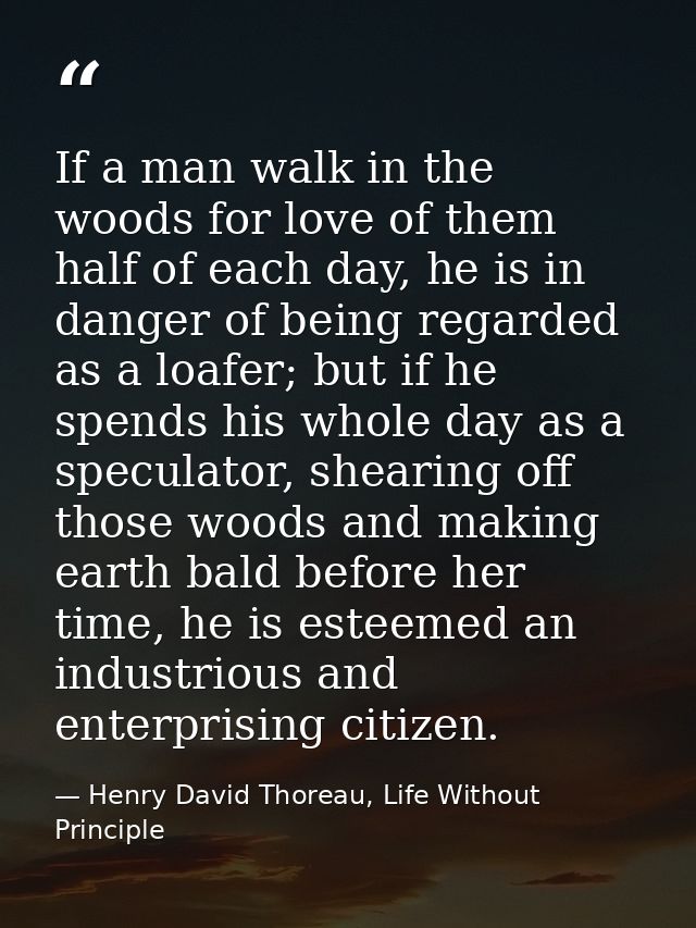 If a man walk in the woods for love of them half of each day, he is in danger of being regarded as a loafer; but if he s — Henry David Thoreau, Life Without Principle