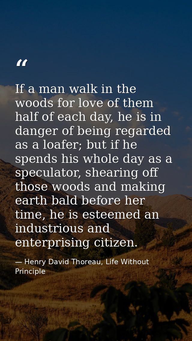 If a man walk in the woods for love of them half of each day, he is in danger of being regarded as a loafer; but if he s — Henry David Thoreau, Life Without Principle