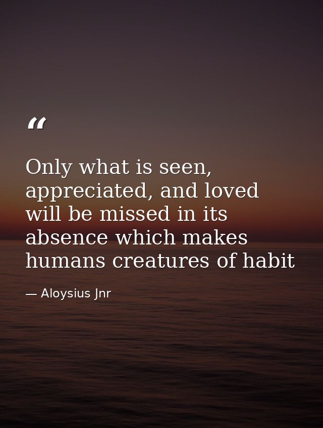 Only what is seen, appreciated, and loved will be missed in its absence which makes humans creatures of habit — Aloysius Jnr