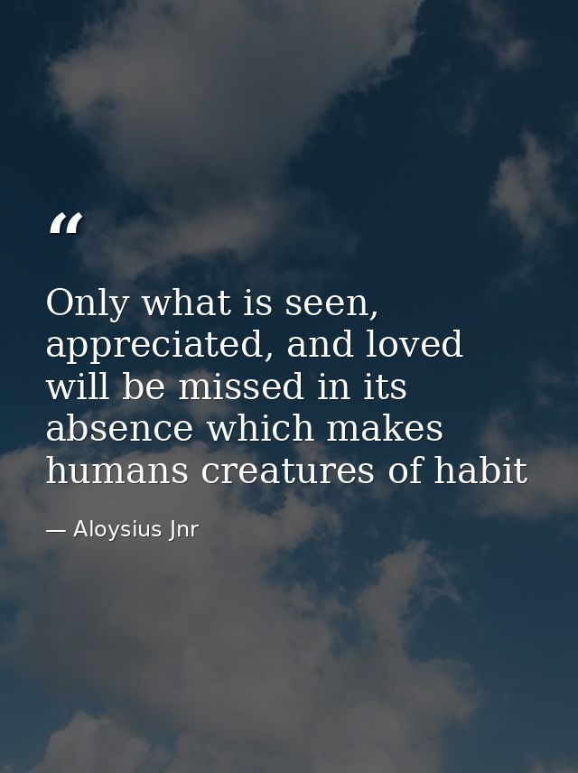 Only what is seen, appreciated, and loved will be missed in its absence which makes humans creatures of habit — Aloysius Jnr