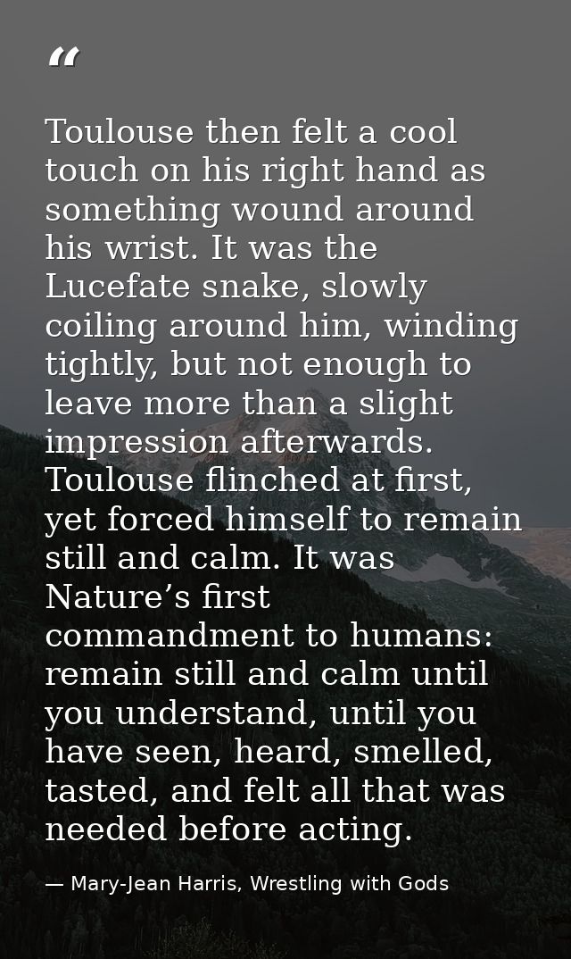 Toulouse then felt a cool touch on his right hand as something wound around his wrist. It was the Lucefate snake, slowly — Mary-Jean Harris, Wrestling with Gods