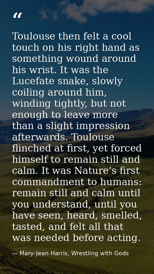 Toulouse then felt a cool touch on his right hand as something wound around his wrist. It was the Lucefate snake, slowly — Mary-Jean Harris, Wrestling with Gods
