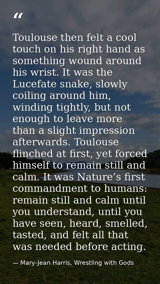 Toulouse then felt a cool touch on his right hand as something wound around his wrist. It was the Lucefate snake, slowly — Mary-Jean Harris, Wrestling with Gods