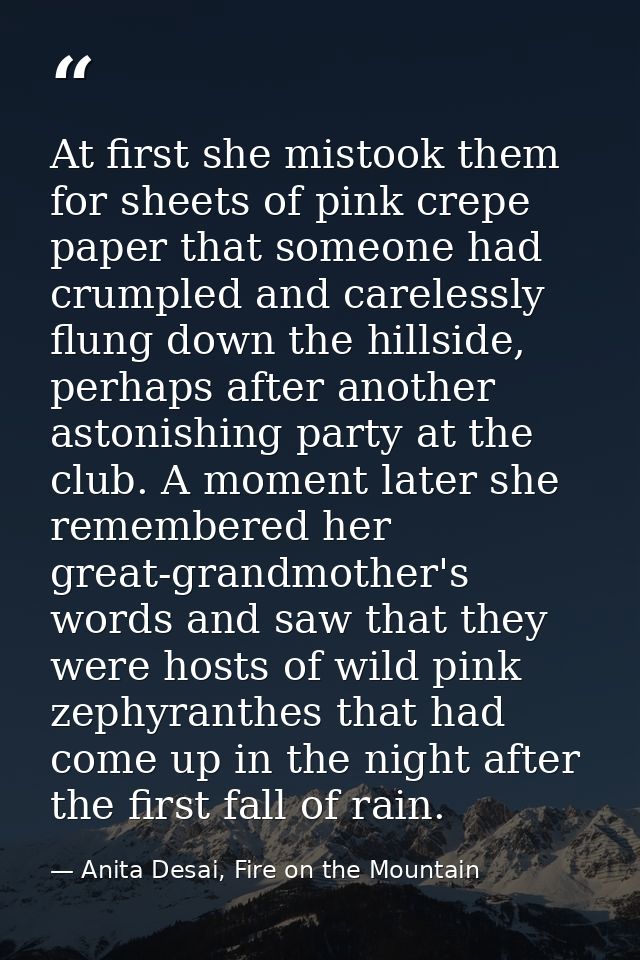 At first she mistook them for sheets of pink crepe paper that someone had crumpled and carelessly flung down the hillsid — Anita Desai, Fire on the Mountain