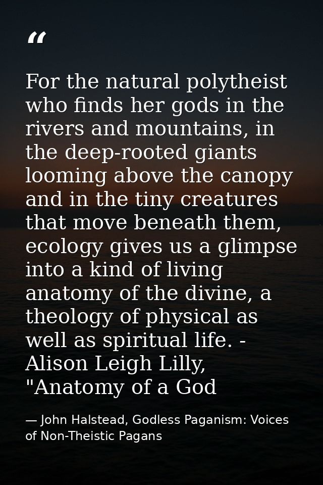 For the natural polytheist who finds her gods in the rivers and mountains, in the deep-rooted giants looming above the c — John Halstead, Godless Paganism: Voices of Non-Theistic Pagans