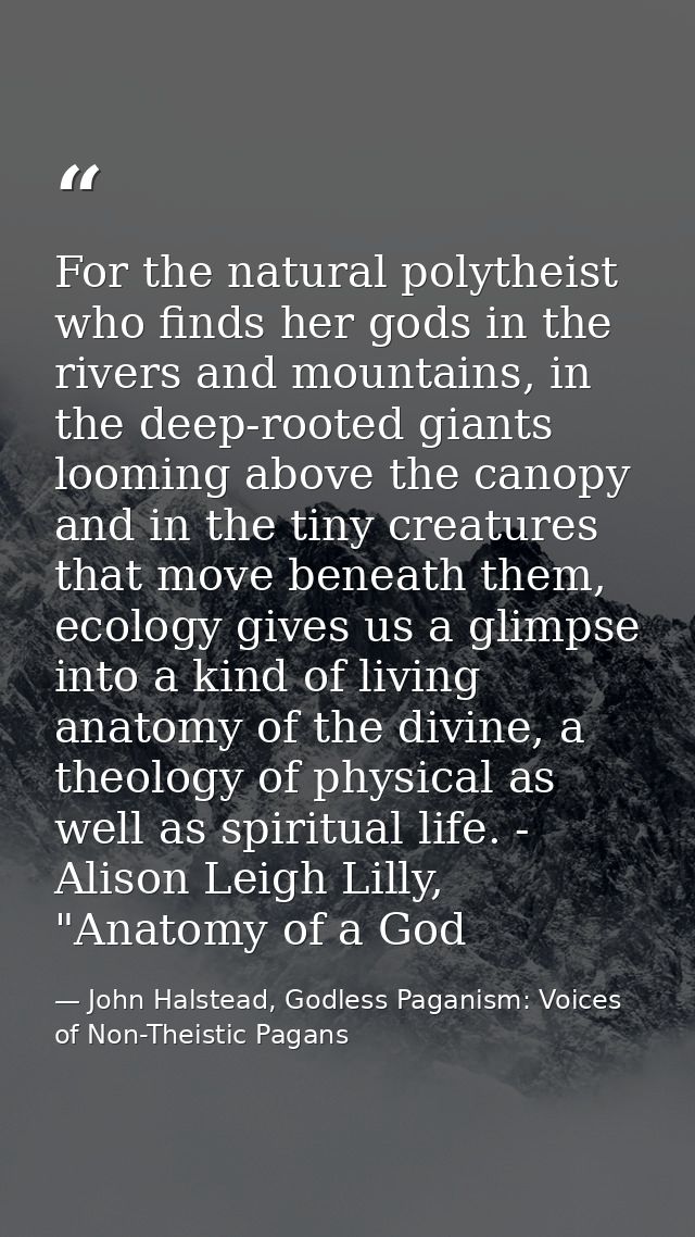 For the natural polytheist who finds her gods in the rivers and mountains, in the deep-rooted giants looming above the c — John Halstead, Godless Paganism: Voices of Non-Theistic Pagans
