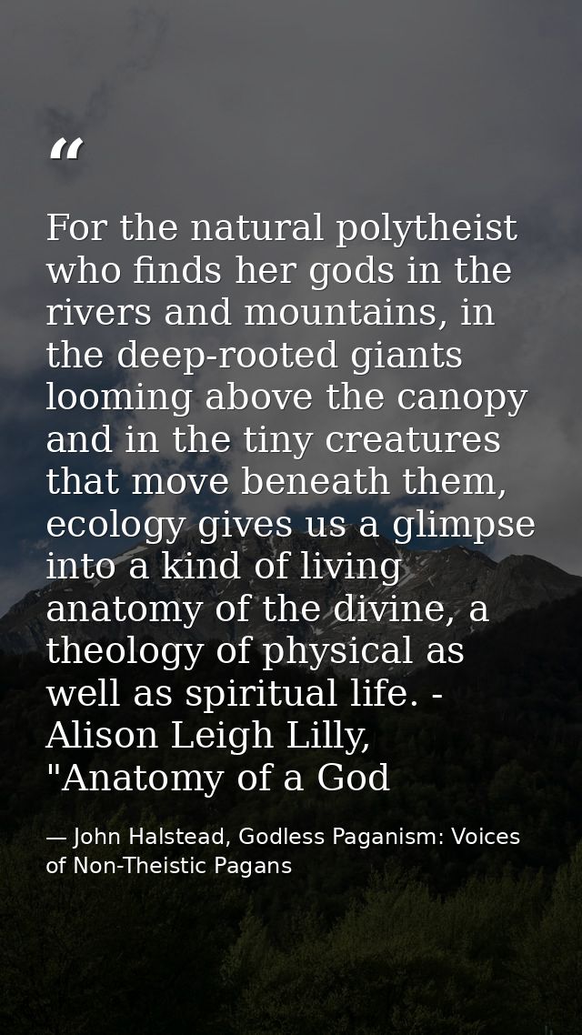For the natural polytheist who finds her gods in the rivers and mountains, in the deep-rooted giants looming above the c — John Halstead, Godless Paganism: Voices of Non-Theistic Pagans