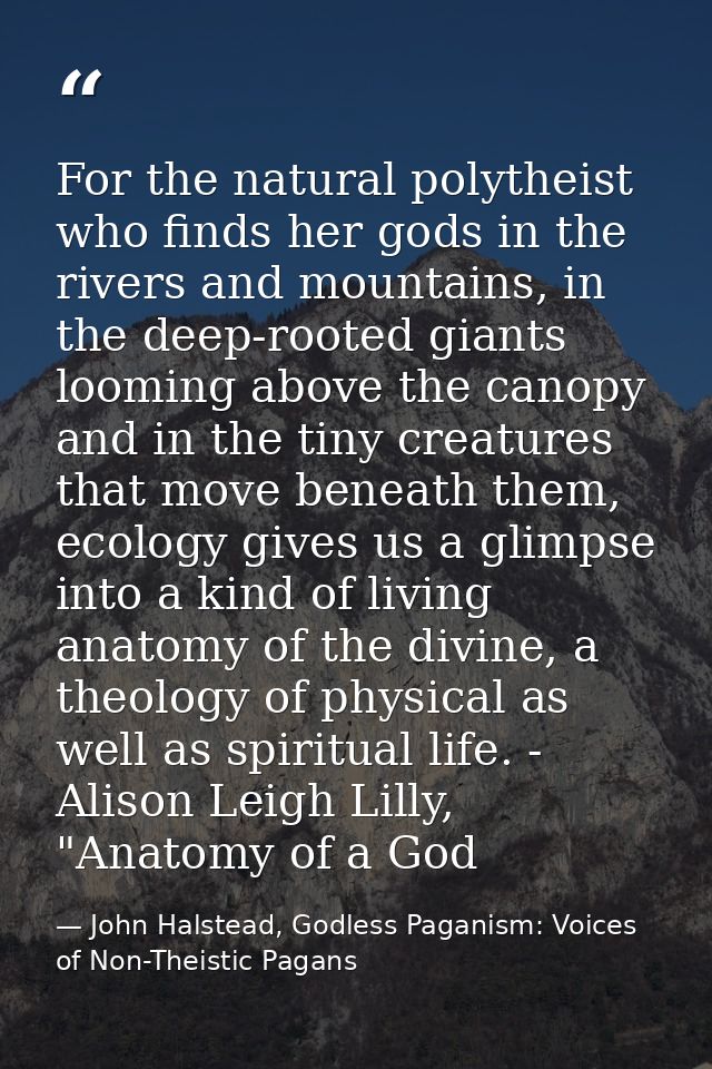 For the natural polytheist who finds her gods in the rivers and mountains, in the deep-rooted giants looming above the c — John Halstead, Godless Paganism: Voices of Non-Theistic Pagans
