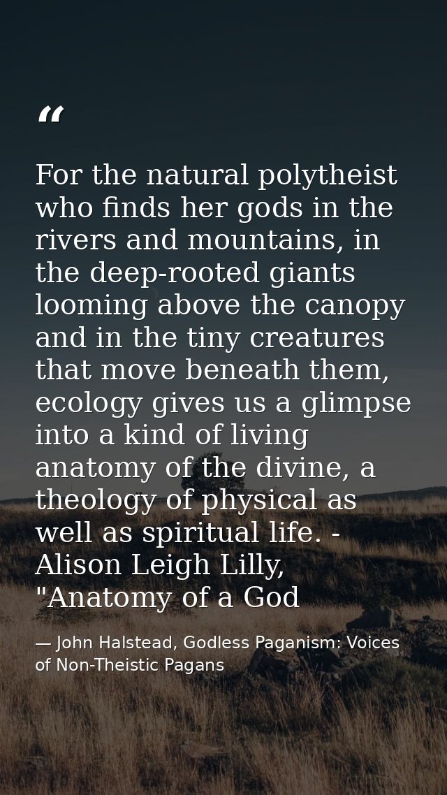 For the natural polytheist who finds her gods in the rivers and mountains, in the deep-rooted giants looming above the c — John Halstead, Godless Paganism: Voices of Non-Theistic Pagans