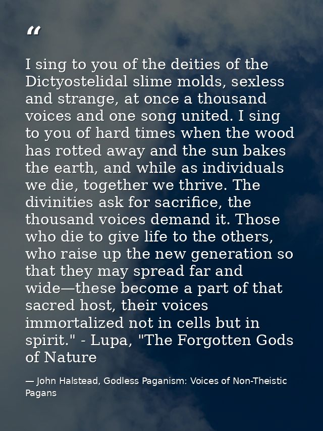 I sing to you of the deities of the Dictyostelidal slime molds, sexless and strange, at once a thousand voices and one s — John Halstead, Godless Paganism: Voices of Non-Theistic Pagans